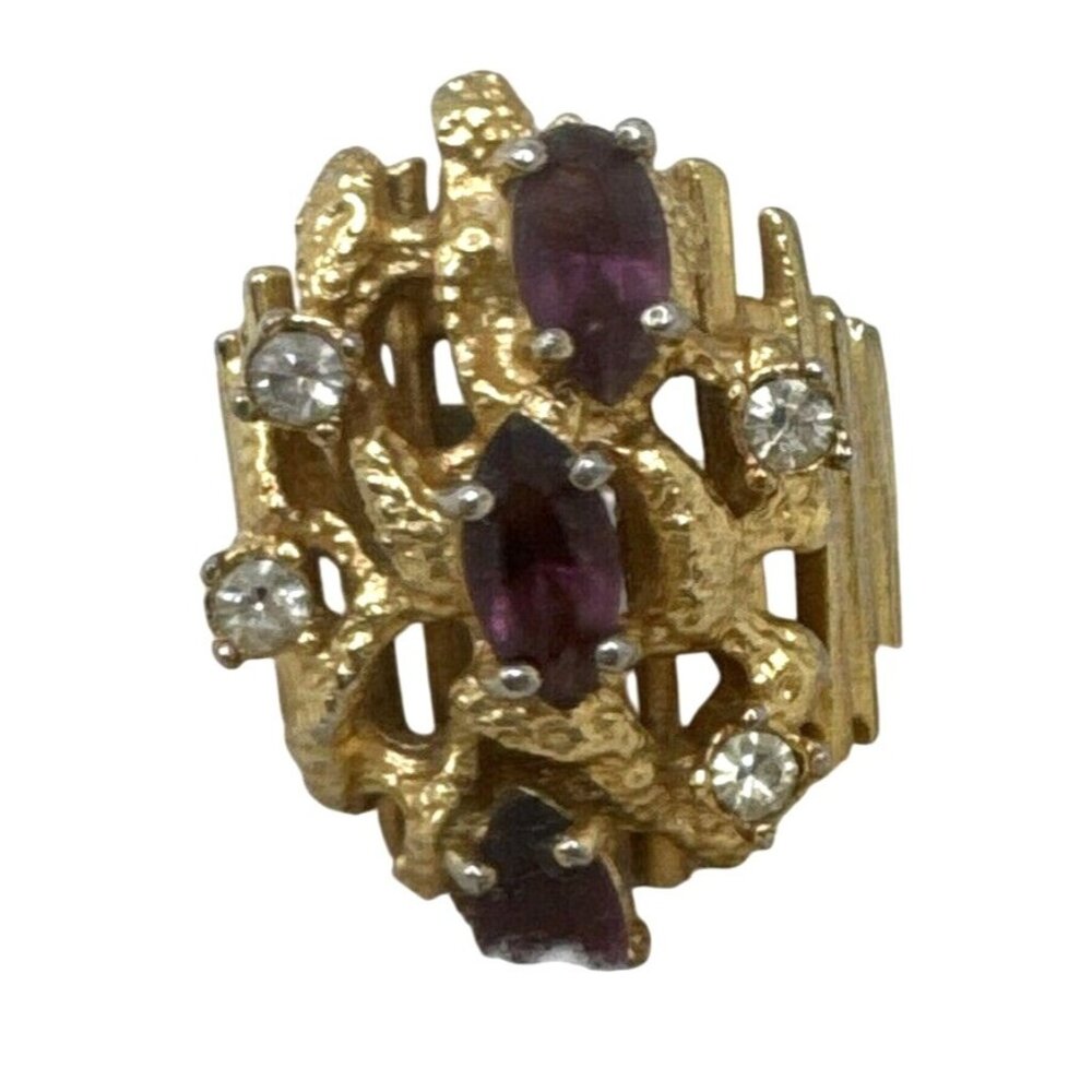 Vintage Aurora Jewelry Co18K Yellow Gold Cocktail Ring Purple & Clear Stones 7/8